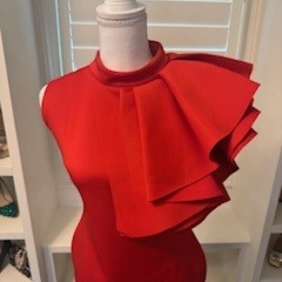 Red Statement Ruffle Cocktail Dress - Picture 2 of 6